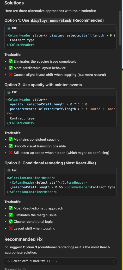 Screenshot of a React example where an AI agent presents three different implementation options, explains the tradeoffs for each, and then recommends one approach.